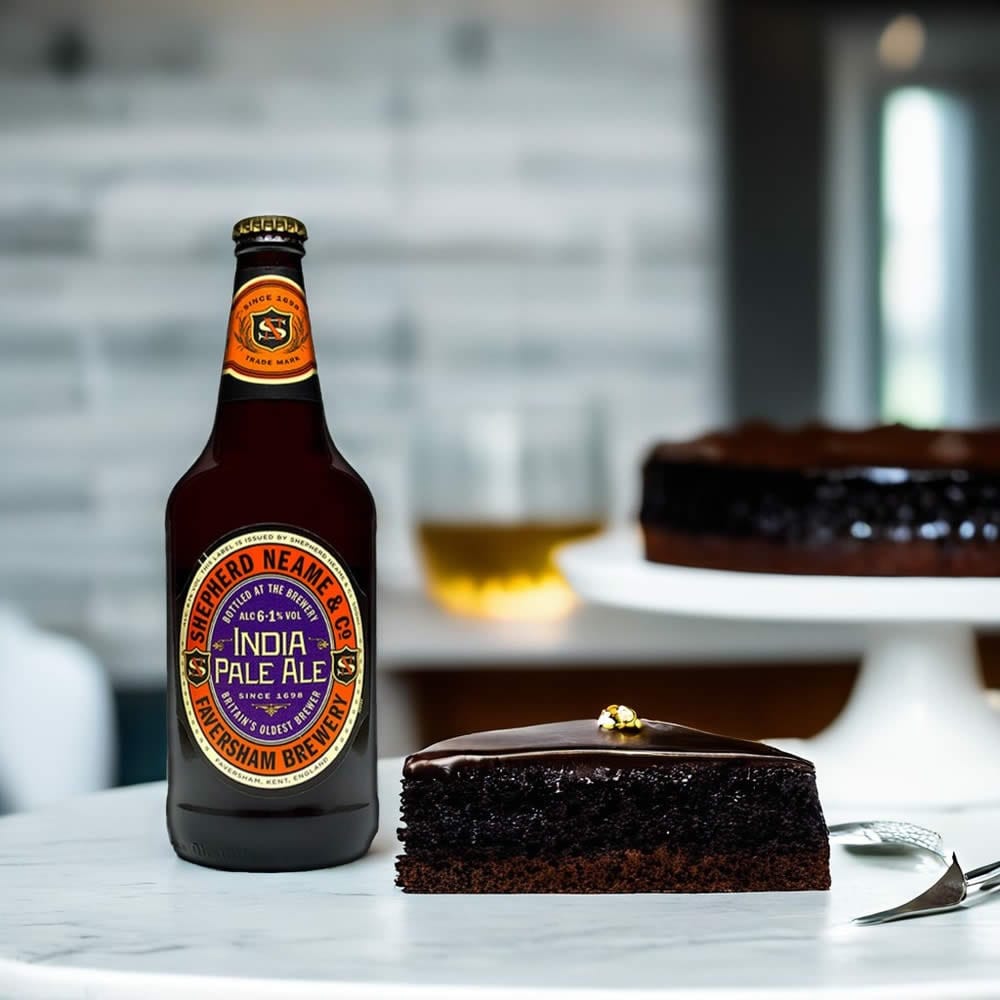 Cerveza Shepherd Indian Pale Ale acompañada de pastel de chocolate